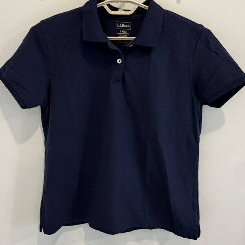 LL Bean Womens Premium Double L Polo Shirt Relaxed Fit Navy Blue Short Sleeve L